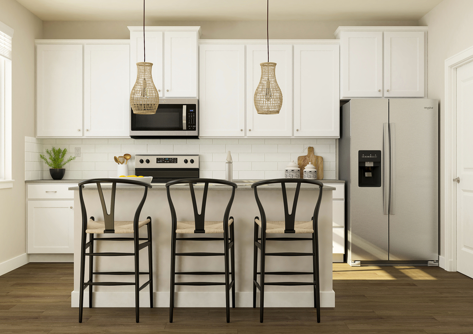 Rendering of the kitchen with white  cabinetry and stainless-steel appliances. There are three barstools at the  counter