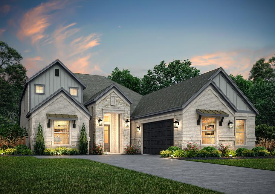 Dusk rendering of the Oakmont plan with designer coach lights and accents.