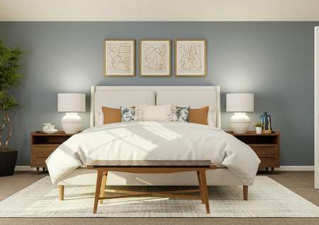 Rendering of the master bedroom with a
  large bed between two nightstands.