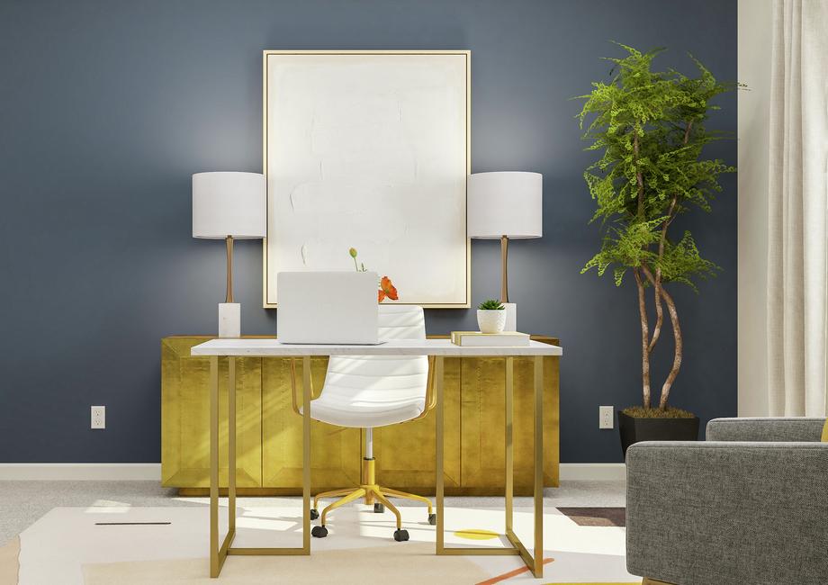 Rendering of a bedroom furnished as an  office, complete with desk, armchair and storage cabinet.