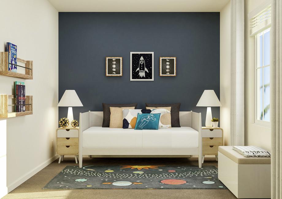 Rendering of a children's bedroom with a
  daybed centered between two nightstands. The room has a space-themed rug and
  artwork.