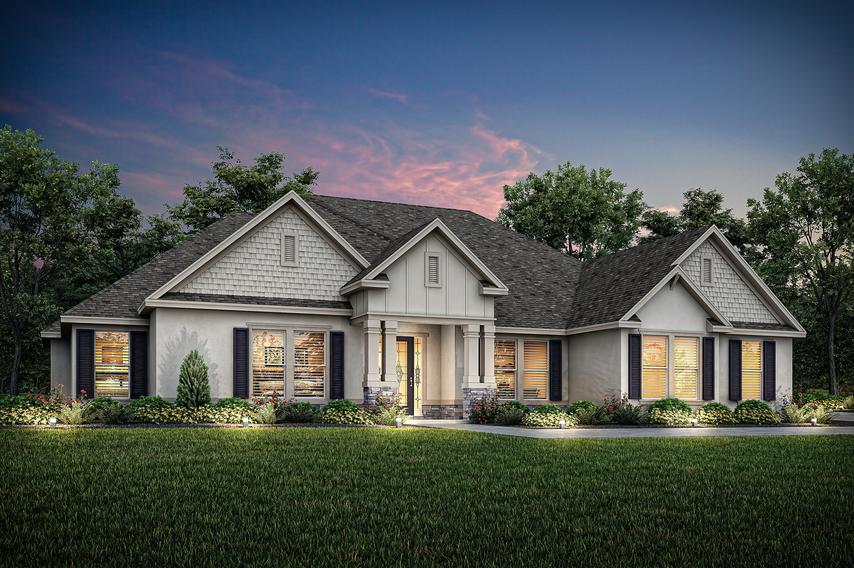 Single-story Mantle elevation rendering at dusk with stucco and stone accents.