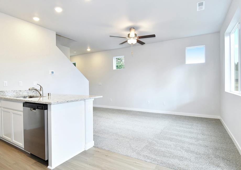 The family room has a ceiling fan.