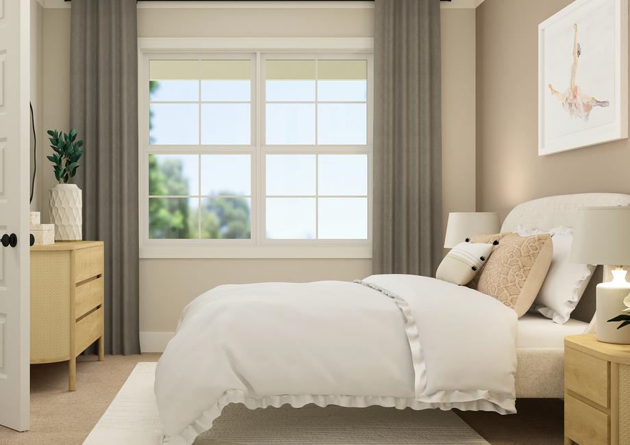 Rendering of bedroom highlighting a large window behind a large white bed. The room also have a wooden dresser and bedside table.
