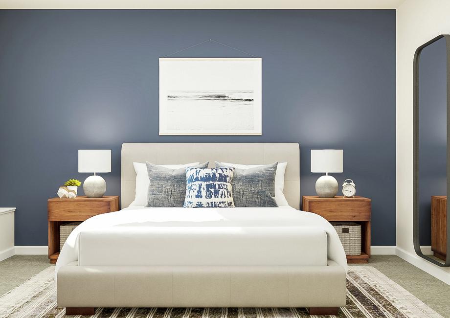 Rendering of a bedroom with a bed
  centered between two nightstands. A full-length mirror hangs on the wall next
  to the bed.