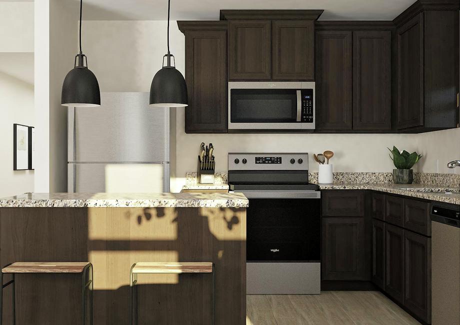 Rendering of the kitchen with island,
  brown cabinetry, granite counters and stainless steel appliances.