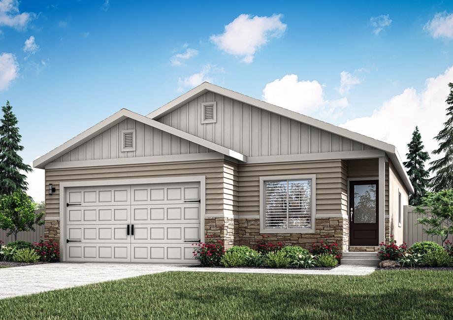 Exterior rendering of the beautiful one-story, siding home with stone accents.