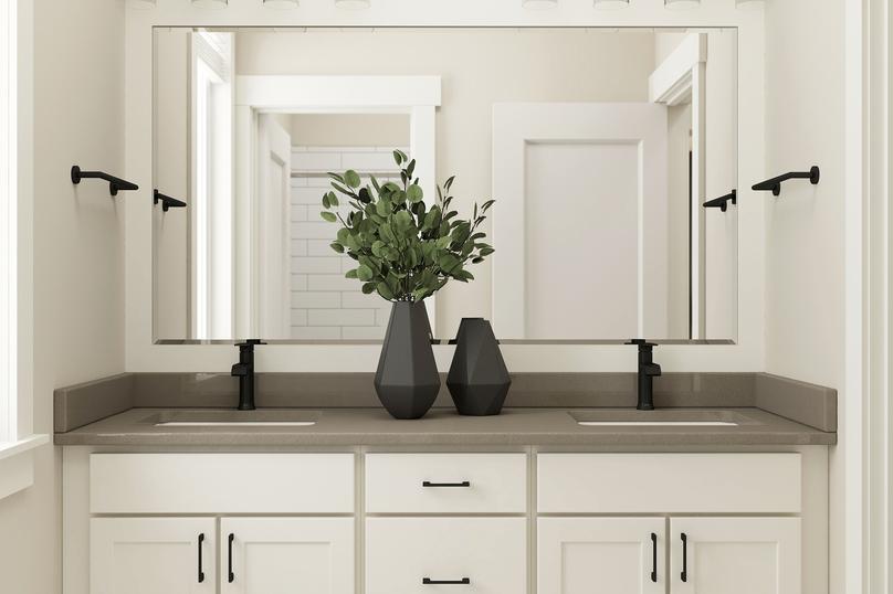 Rendering of bathroom highlighting a
  double-sink vanity with white cabinetry.