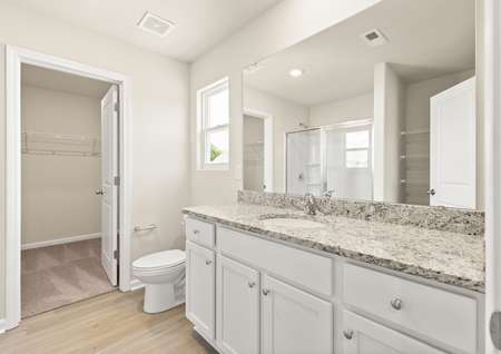 This bathroom has granite countertops