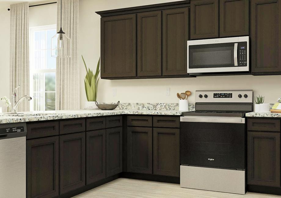 Rendering of the Maple's kitchen with dark brown cabinetry, beautiful granite counters and Whirlpool brand stainless steel appliances.