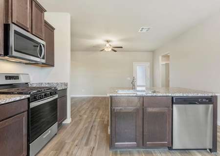 The kitchen of the Arcadia comes with energy-efficient, stainless-steel appliances.