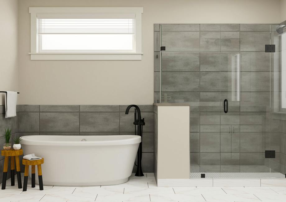 Rendering of master bathroom showing a
  large white soaking tup next to a large glass shower.