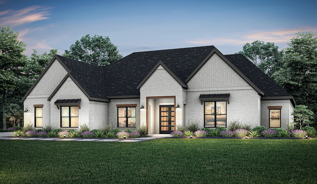 Dusk rendering of the one-story Aaron home with a brick exterior and side-load garage.