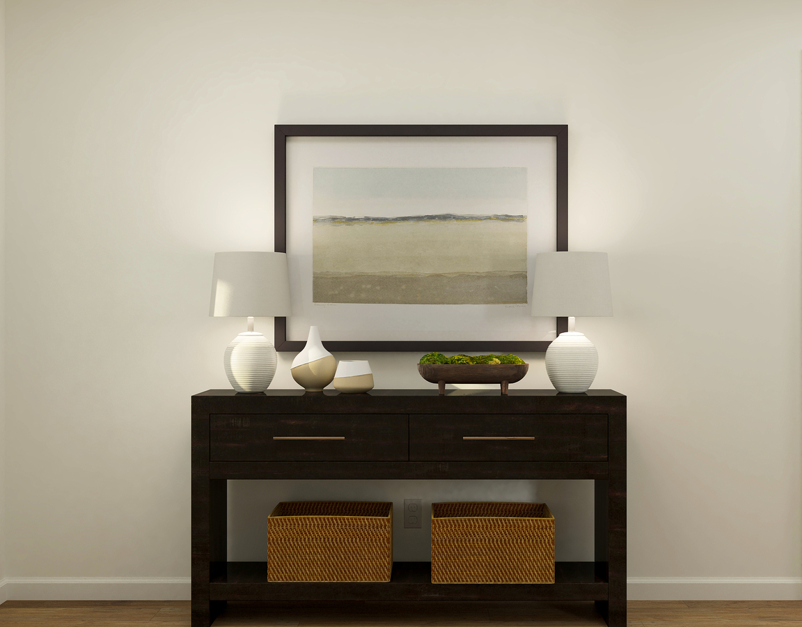 Rendering of the entry way showing a
  brown console with two lamps.