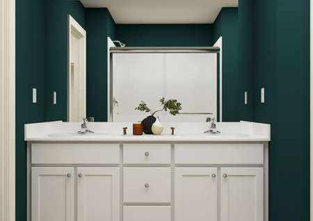 Rendering of a
  master bathroom showing a double-sink vanity with white cabinetry. 