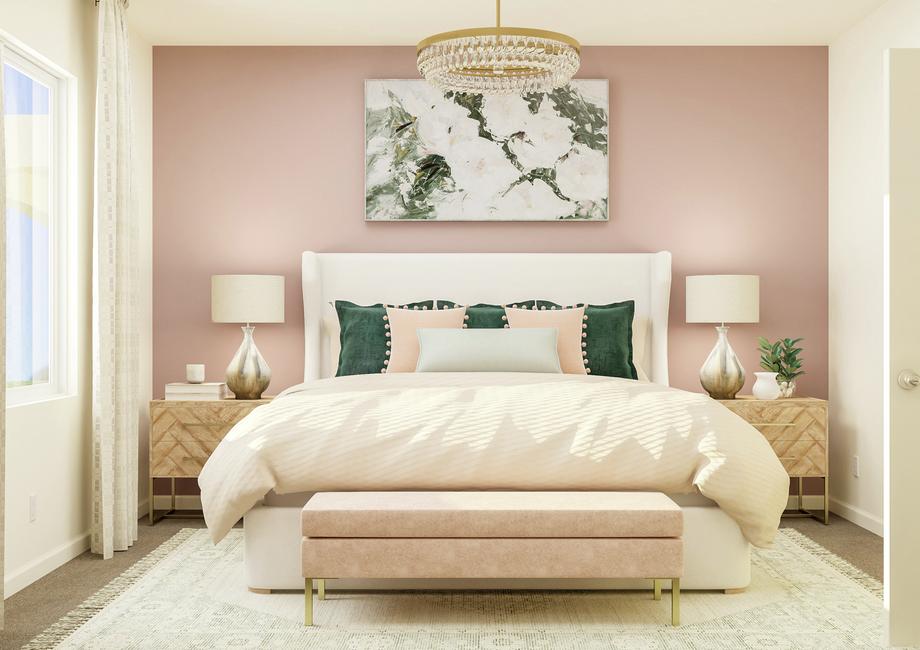 Master bedroom with pink accent wall 