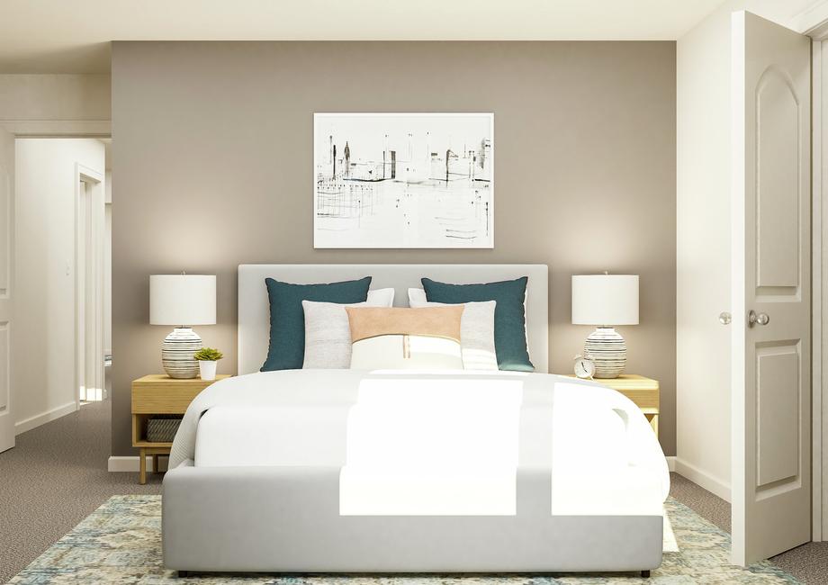 Rendering of a secondary bedroom
  featuring large furniture and neutral carpet flooring.