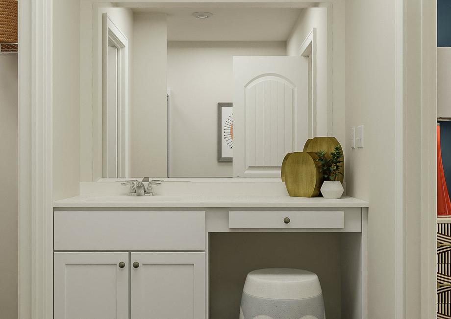 Rendering of the master bath focused on
  the sink, make-up vanity and white cabinetry. The mirror reflects that
  bathtub.Â 