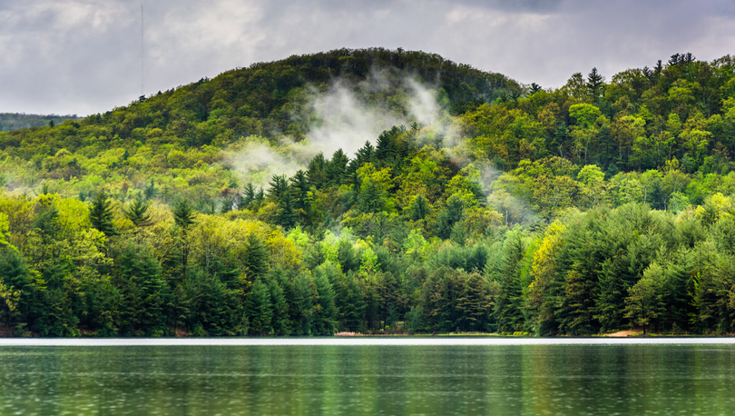 Clearing fog over mountains at Long Pine Run Reservoir, Michaux.