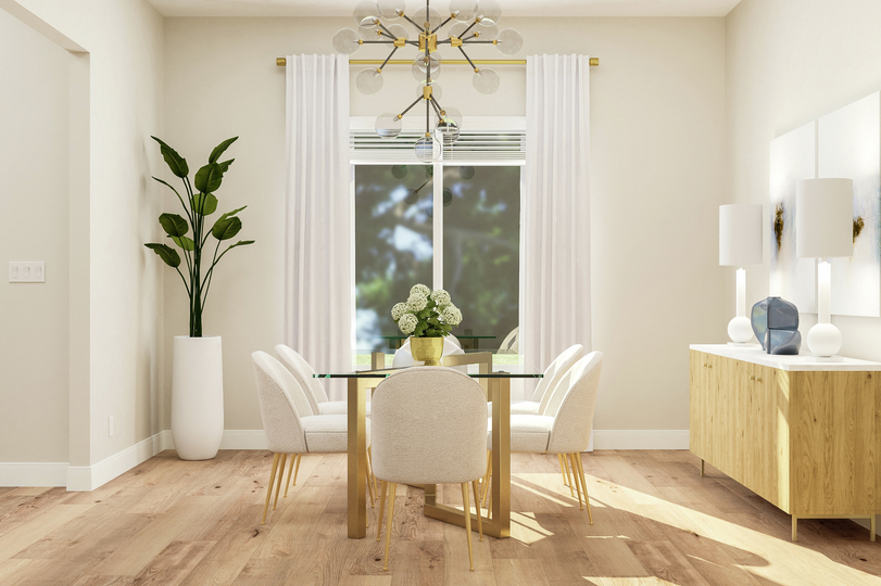 Rendering of the formal dining room with
  large dining table sitting below an ornate chandelier. A modern buffet, two
  table lamps and pot plant complete the space.