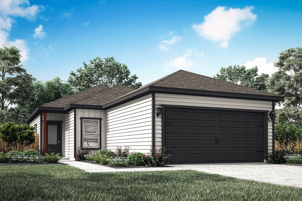 The Atticus floor plan is a one-story home with a siding exterior and cedar detail.