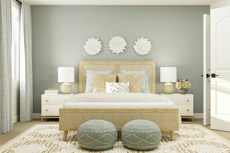 Rendering of a bedroom with large bed,
  nightstands, decorative poufs and a rug. The room has a window and carpeted
  flooring.