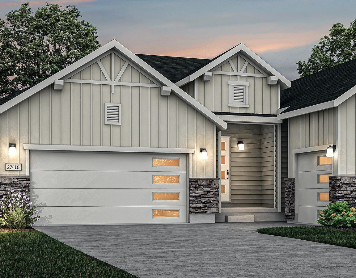 Exterior rendering of the gorgeous one-story Estes floor plan during dusk.