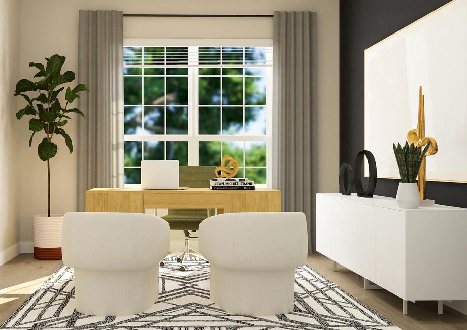 Rendering of the office showng the large
  window that provides plenty of natural light. The room is furnished with a
  desk, computer chair, two armchairs, decorative cabinet and a potted tree.