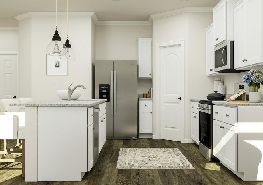 Rendering of the kitchen in the Hartford
  which has vinyl plank wood flooring, white cabinetry, granite countertops and
  stainless steel Whirlpool brand appliances. 