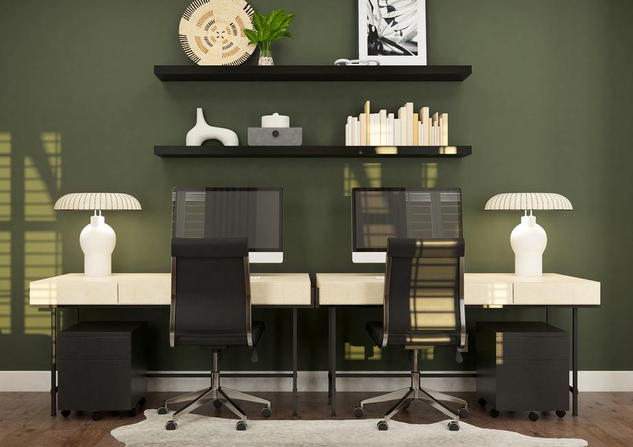Rendering of office that is furnished
  with two desks. This room also has shelving and decor on the wall.