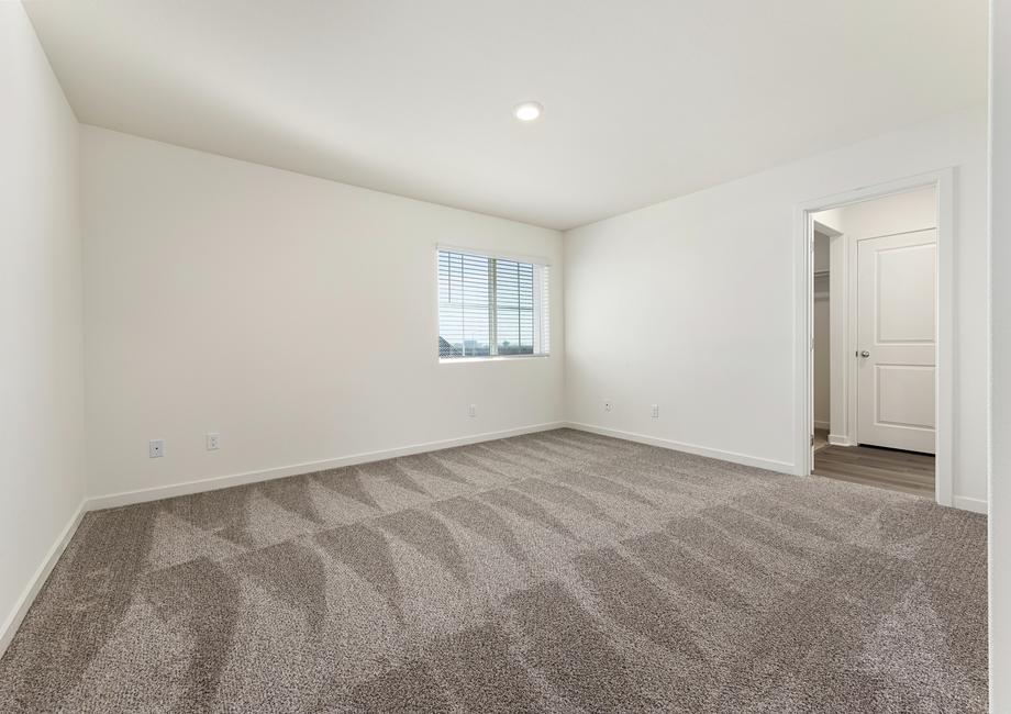 The master bedroom has carpet and a large window.