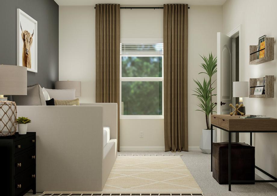 Rendering of a secondary bedroom  featuring a daybed, nightstands, a desk, and a view of the closet. Carpet  flooring is throughout.