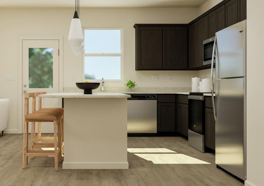 Rendering of the kitchen featuring wood
  cabinetry, stainless steel appliances and granite countertops.
