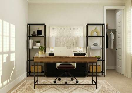 Rendering of office furnished with a desk
  and black shelving 