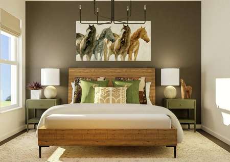Rendering of the secondary bedroom
  featuring a large bed and two nightstands along an accent wall and horse
  themed décor throughout.