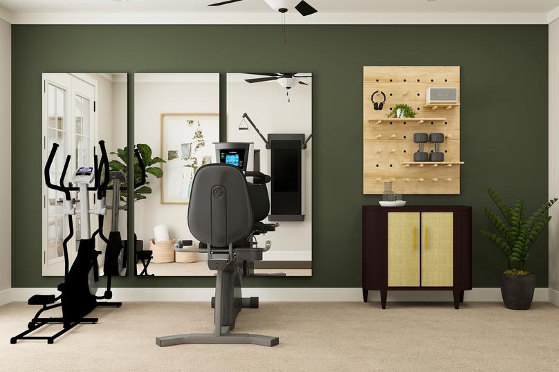 Rendering of a flex room that has workout
  equipment and mirrors on the wall.
