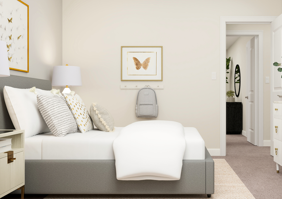 Rendering of bedroom with a large bed, and a white dresser. 