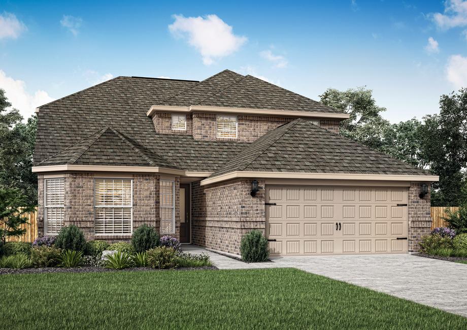 Artist illustration of the two-story Huron by LGI Homes with beige colored brick and cream paint trim.