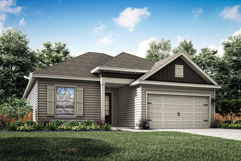 Rendering of the 3-bedroom Bowie plan with a two-car garage.