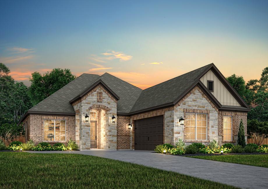 Dusk rendering of the Hanna plan with a swing-load garage.