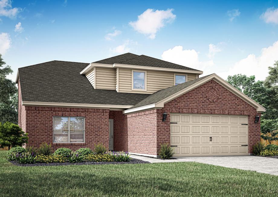 Rendering of the exterior of the two-story Cypress plan with brick.