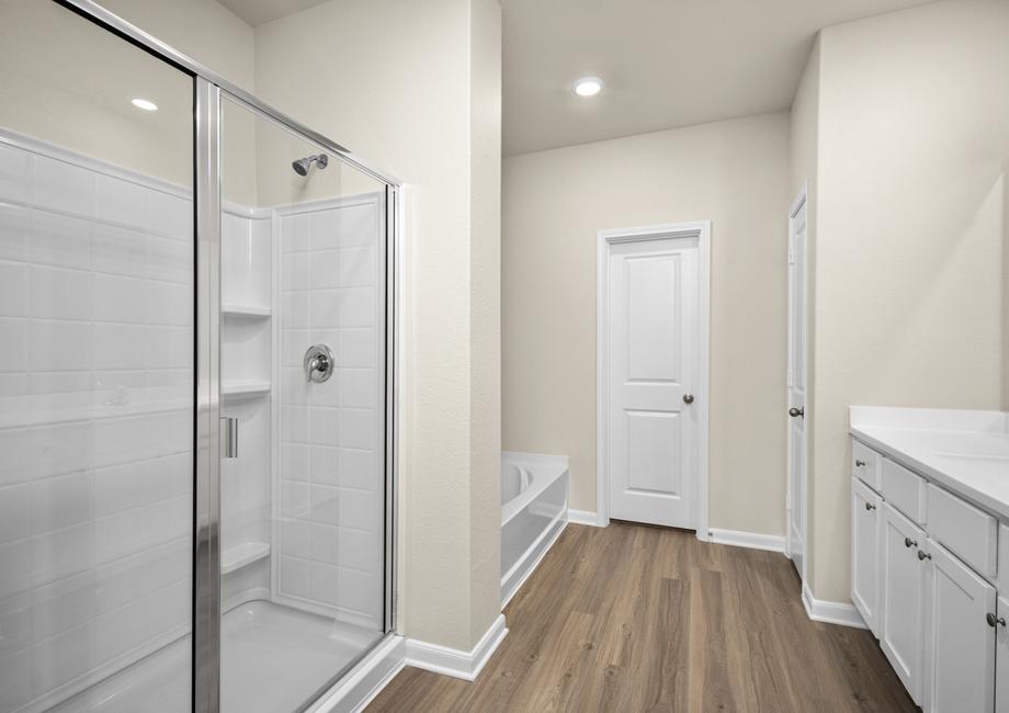 The master bathroom has a large vanity and a step in shower and soaking tub.