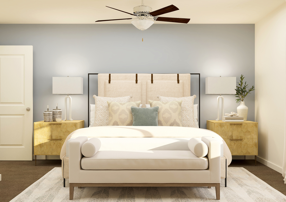 Rendering of a master bedroom funsihed  with a large white bed, two side tables, and a large bench at the end of a  bed.