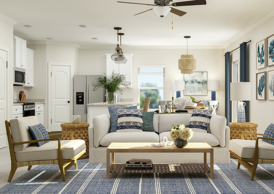Rendering of the open floor plan in the  Avery. The living room, furnished with couch and accent chairs, are in the  foreground and the kitchen and dining area are behind it.