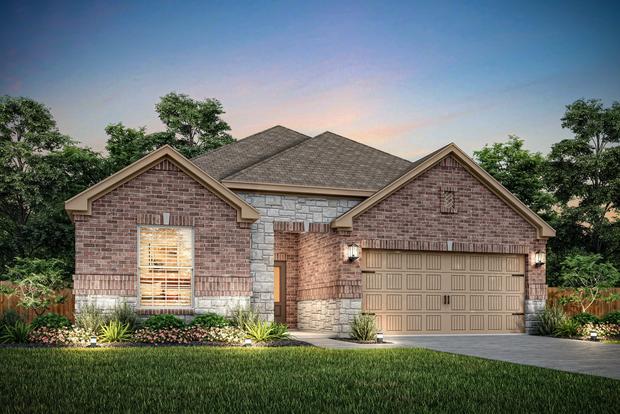 Dusk elevation rendering of the Heron with brick and stone.