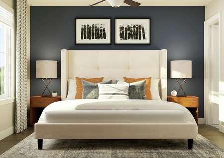Rendering of master bedroom furnished
  with a large white bed and two side tables