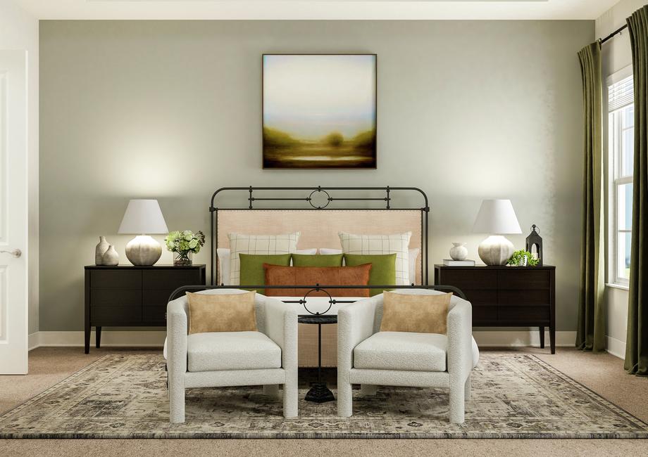 Rendering of spacious master bedroom
  showing large framed bed with matching nightstands and 2 accent chairs,
  sitting between large windows with beige carpet flooring throughout.