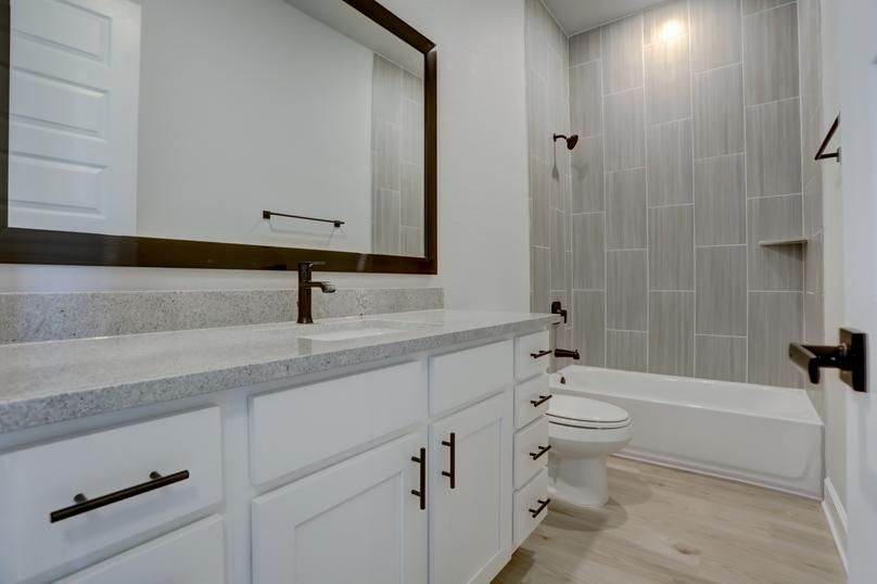 Secondary bathroom with a tile-lined dual shower and bath tub.
