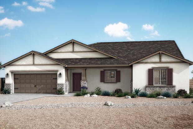 The Pismo plan has a stucco exterior with shake siding and brick detailing.