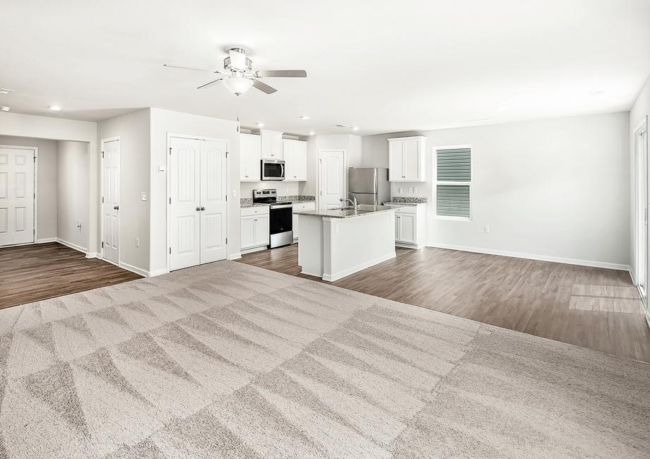 Open concept floor plan with a large family room and a fantastic kitchen.